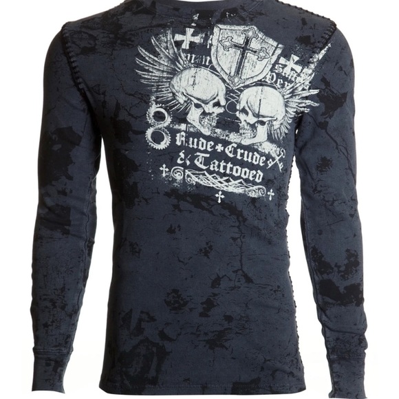 Archaic by Affliction Men's Thermal Shirt CRUDE Skull Biker Charcoal - Picture 2 of 9